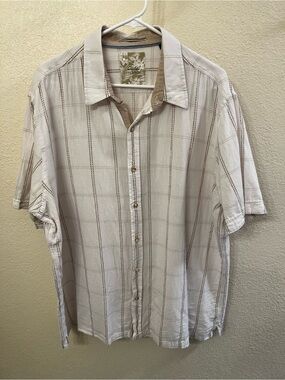 Tasso Elba Cream and Brown Plaid Short Sleeve Button-Up Shirt (Size XXL)